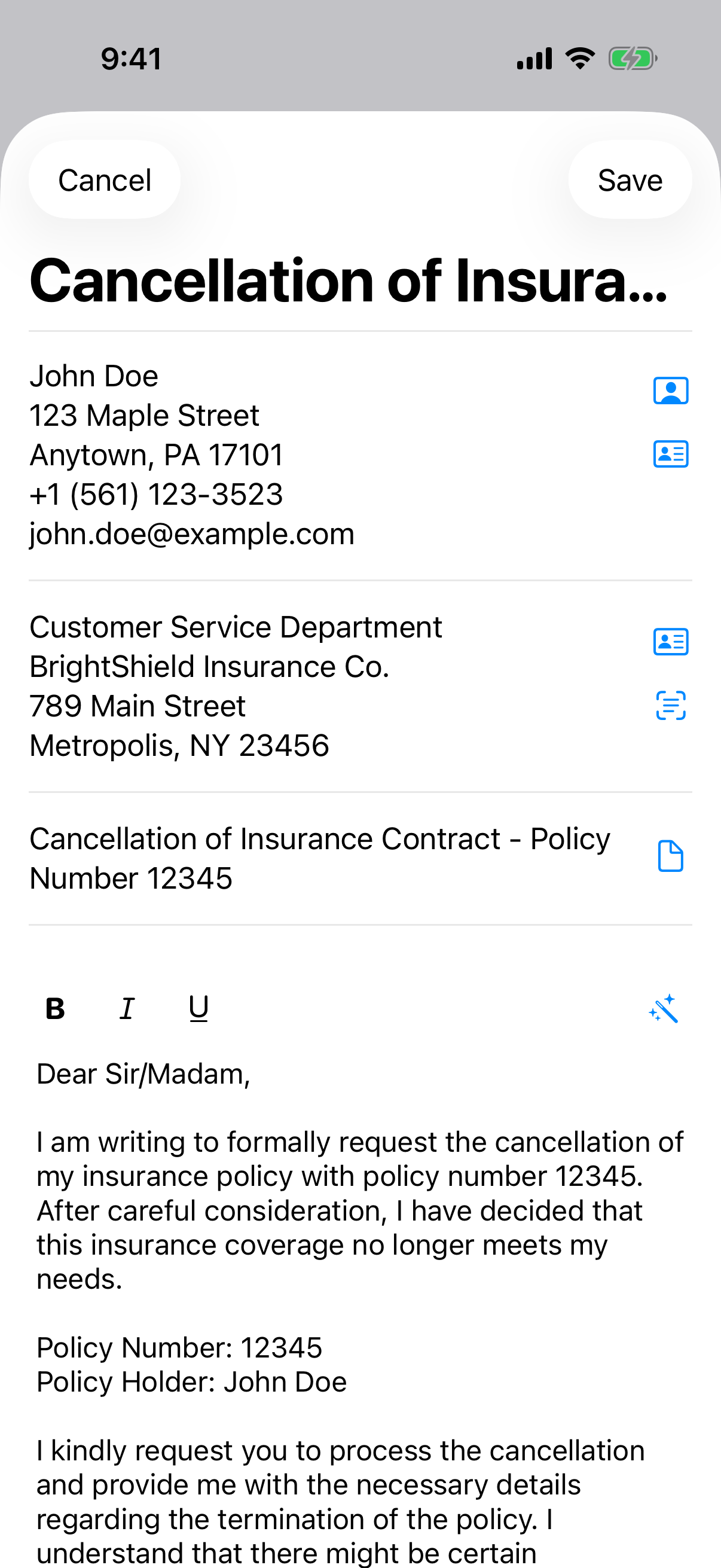 Letter app edit screen