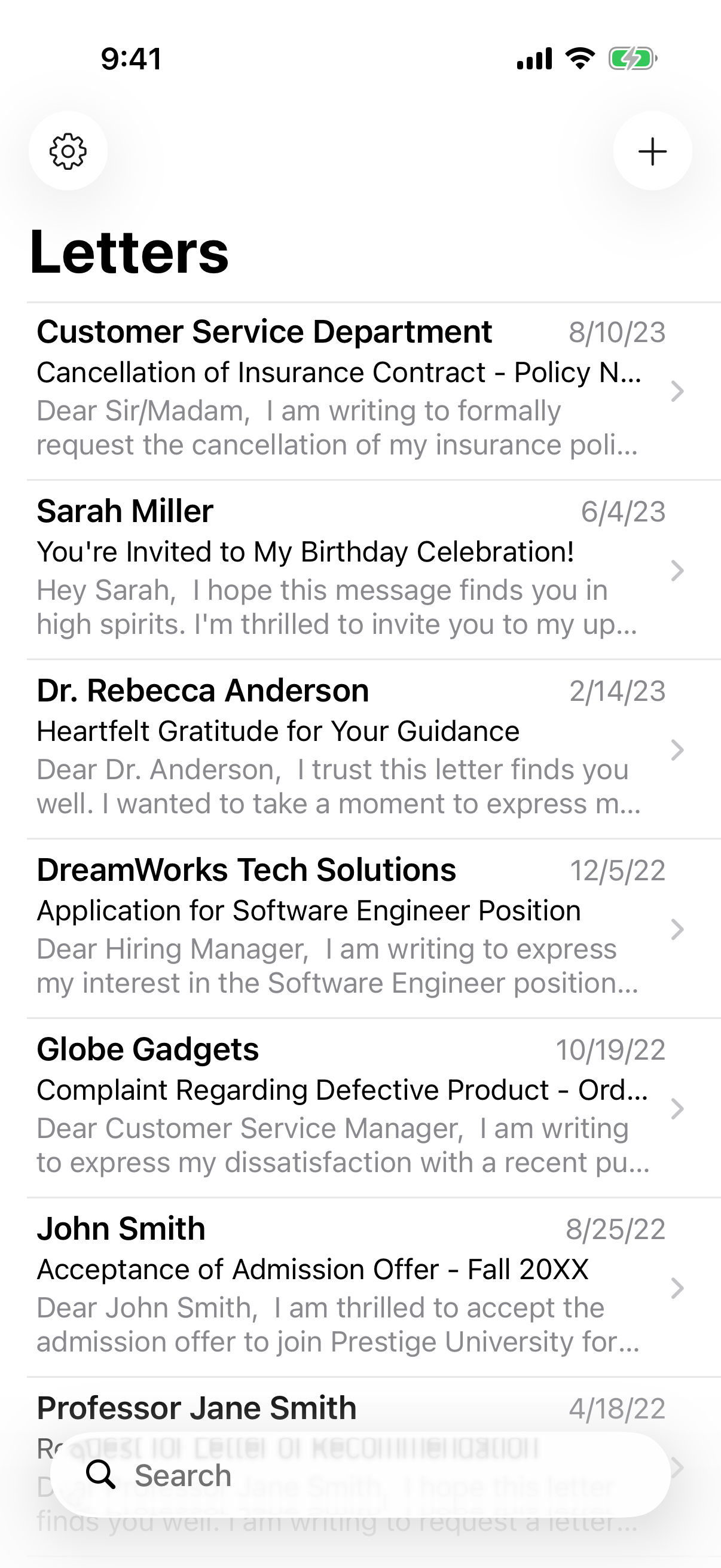 Letter app overview screen